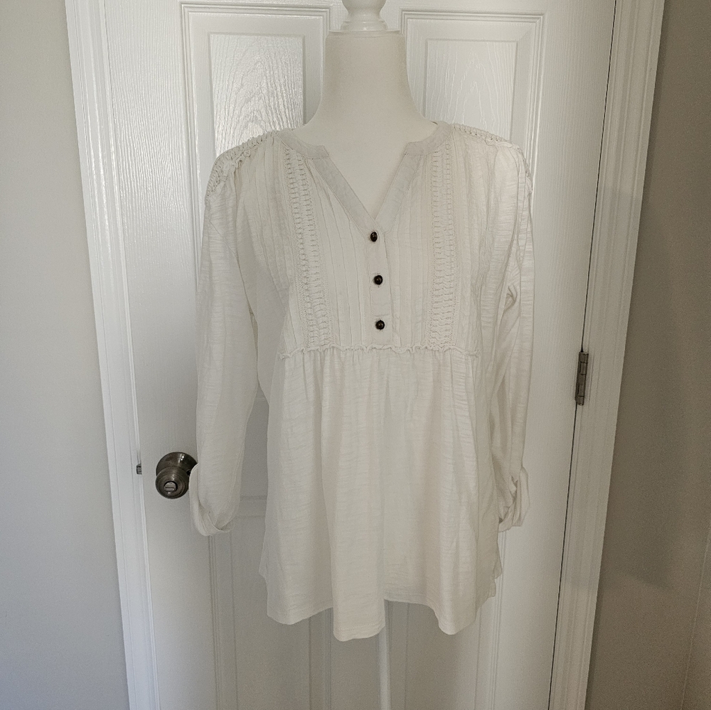 Gloria Vanderbilt Blouse Cotton Tuxedo Bib Long Roll Tab Sleeves‎ Medium Tunic